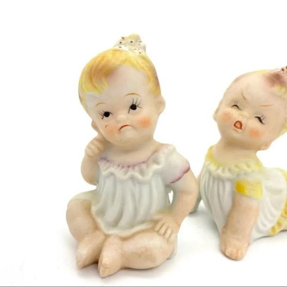 Vintage Porcelain Bisque Piano Baby Dolls Figurine Set Of 2